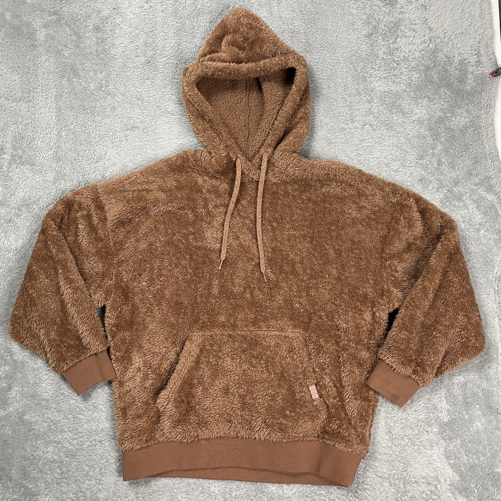UGG Hoodie Womens Medium Brown Fuzzy Fleece Pullover Kangaroo Pocket Cozy
